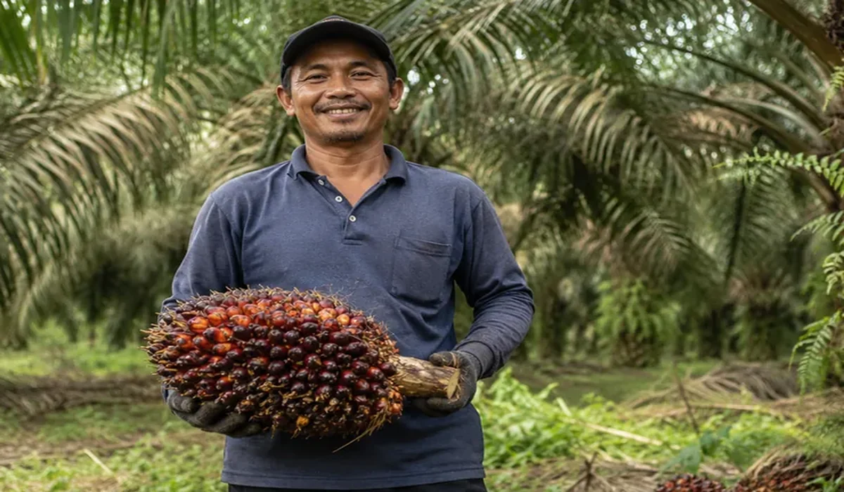 Petani sawit memegang buah sawit di kebun